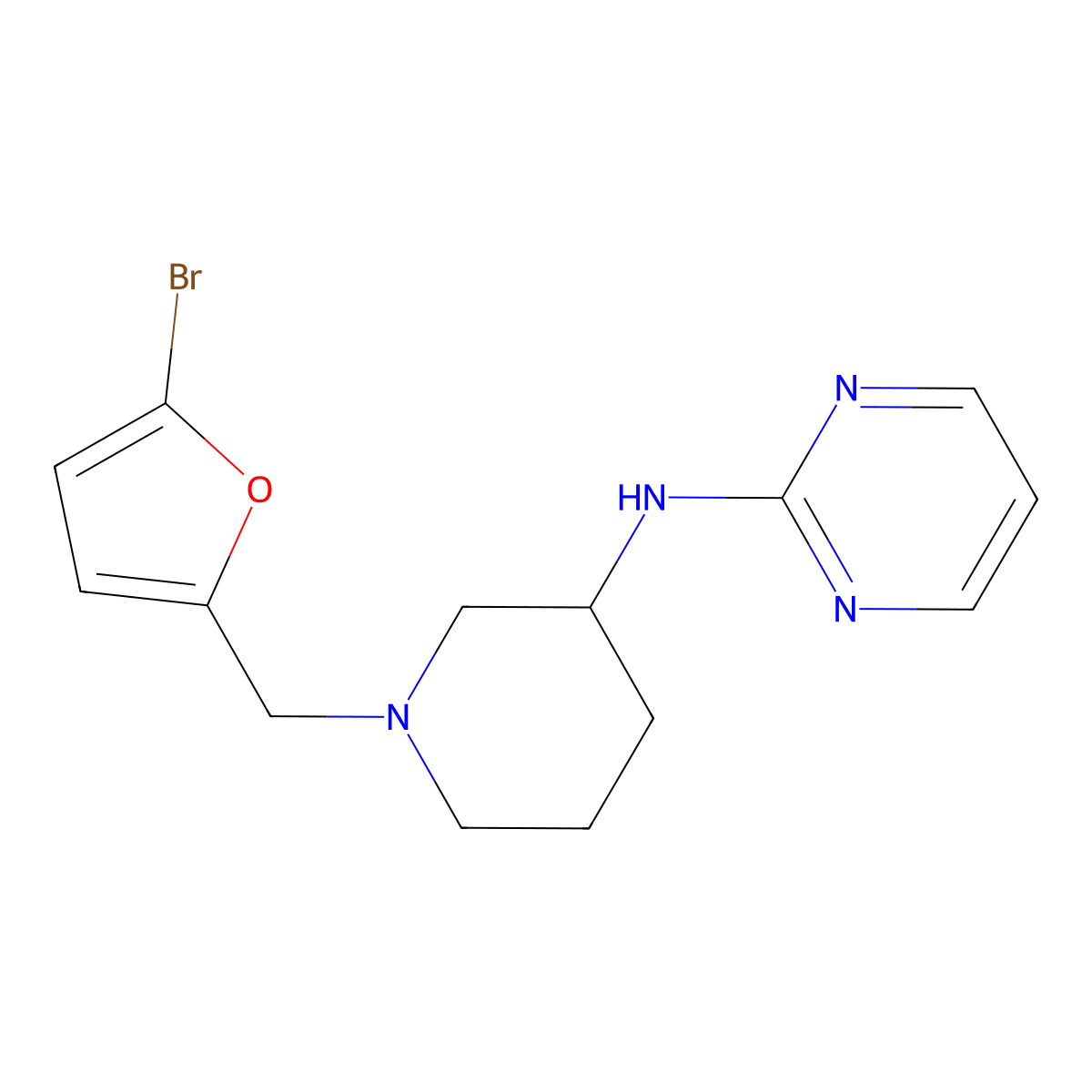 N-{1-[(5-bromofuran-2-yl)methyl]piperidin-3-yl}pyrimidin-2-amine molecular structure, CAS 3054610-29-3