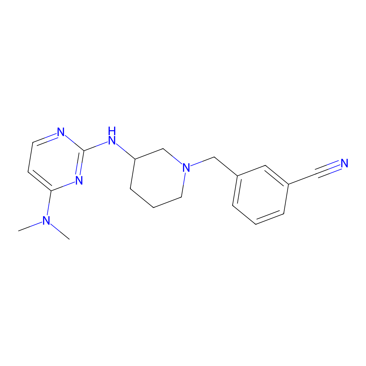 3-[(3-{[4-(Dimethylamino)pyrimidin-2-yl]amino}piperidin-1-yl)methyl]benzonitrile molecular structure, CAS 3054610-34-0