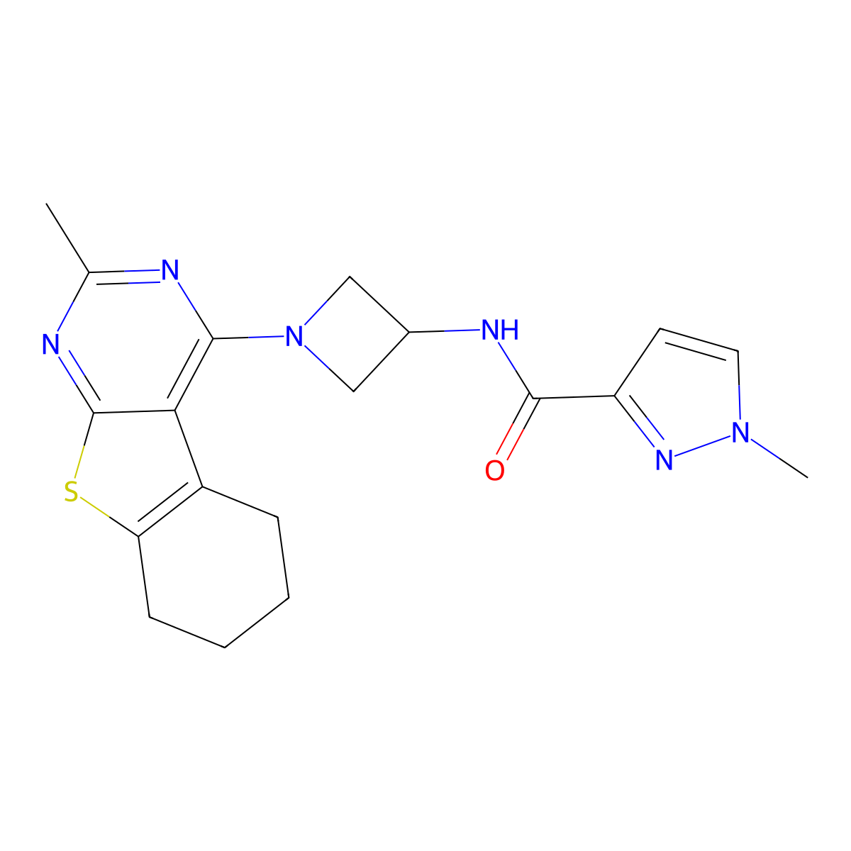 1-methyl-N-(1-{5-methyl-8-thia-4,6-diazatricyclo[7.4.0.0(2),]trideca-1(9),2,4,6-tetraen-3-yl}azetidin-3-yl)-1H-pyrazole-3-carboxamide molecular structure, CAS 3054610-36-2