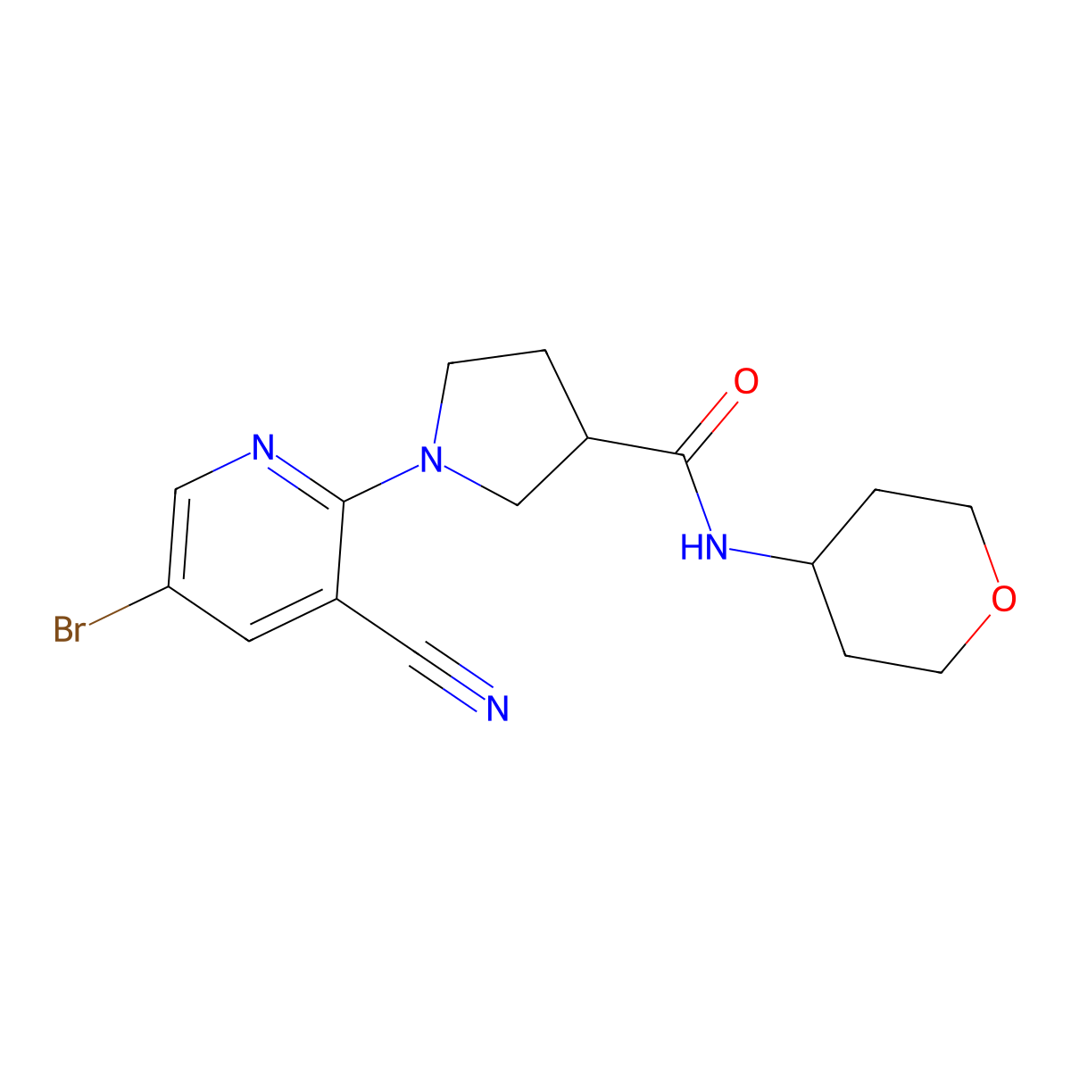 1-(5-bromo-3-cyanopyridin-2-yl)-N-(oxan-4-yl)pyrrolidine-3-carboxamide molecular structure, CAS 3054610-40-8