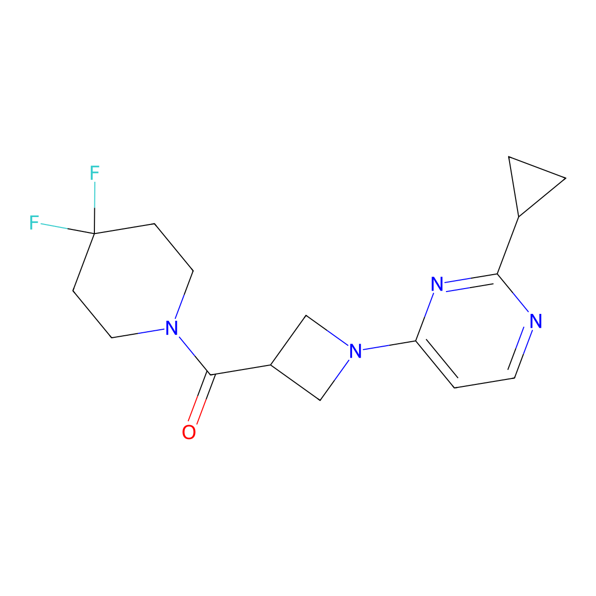 2-Cyclopropyl-4-[3-(4,4-difluoropiperidine-1-carbonyl)azetidin-1-yl]pyrimidine molecular structure, CAS 3054610-43-1