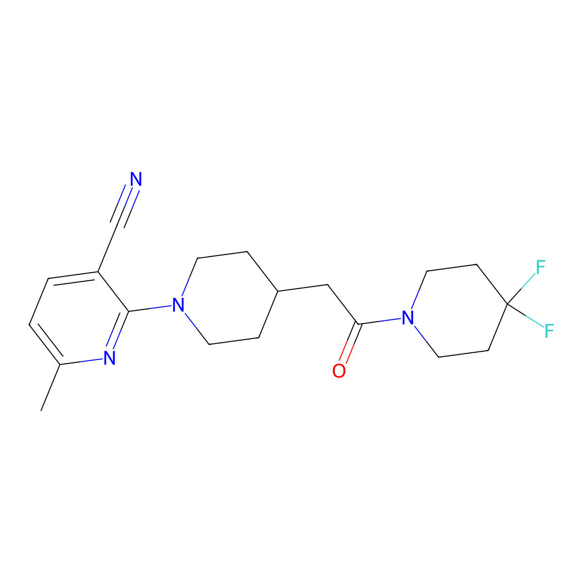 2-{4-[2-(4,4-Difluoropiperidin-1-yl)-2-oxoethyl]piperidin-1-yl}-6-methylpyridine-3-carbonitrile molecular structure, CAS 3054610-56-6