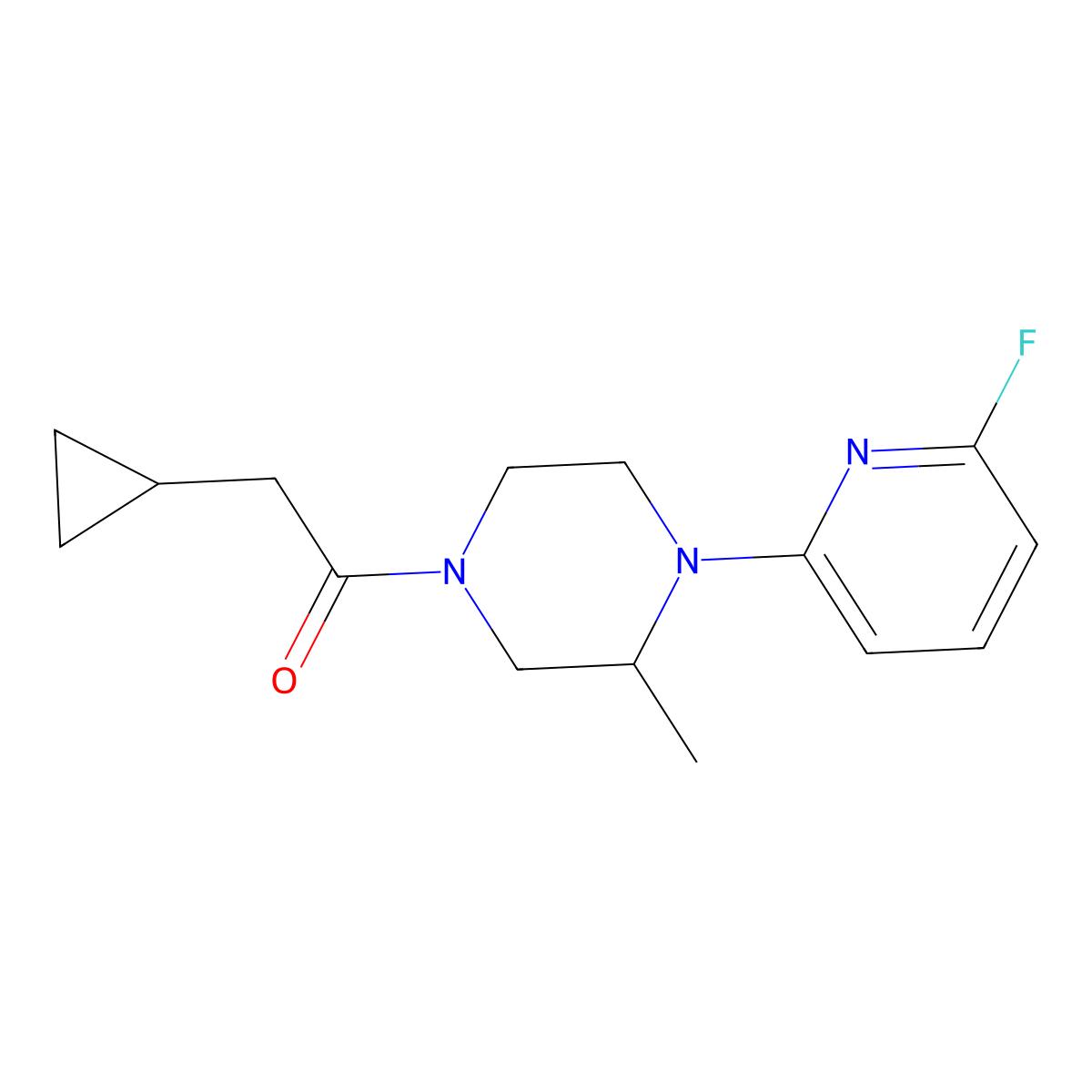 2-Cyclopropyl-1-[4-(6-fluoropyridin-2-yl)-3-methylpiperazin-1-yl]ethan-1-one molecular structure, CAS 3054610-70-4