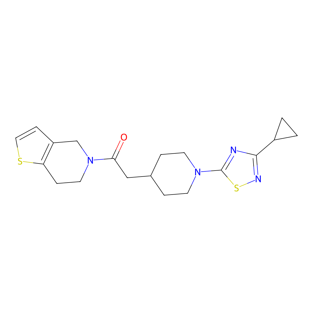 2-[1-(3-cyclopropyl-1,2,4-thiadiazol-5-yl)piperidin-4-yl]-1-{4H,5H,6H,7H-thieno[3,2-c]pyridin-5-yl}ethan-1-one molecular structure, CAS 3054610-74-8