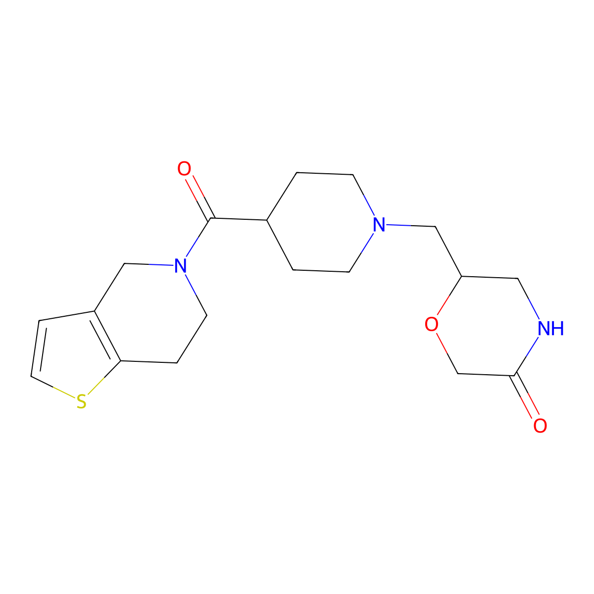 6-[(4-{4H,5H,6H,7H-thieno[3,2-c]pyridine-5-carbonyl}piperidin-1-yl)methyl]morpholin-3-one molecular structure, CAS 3054610-76-0
