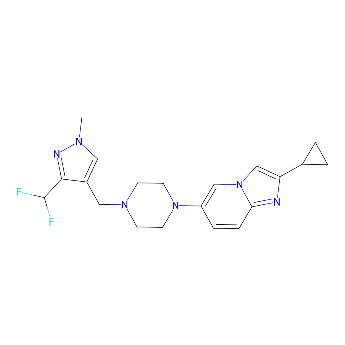 1-{2-cyclopropylimidazo[1,2-a]pyridin-6-yl}-4-{[3-(difluoromethyl)-1-methyl-1H-pyrazol-4-yl]methyl}piperazine molecular structure, CAS 3054610-80-6