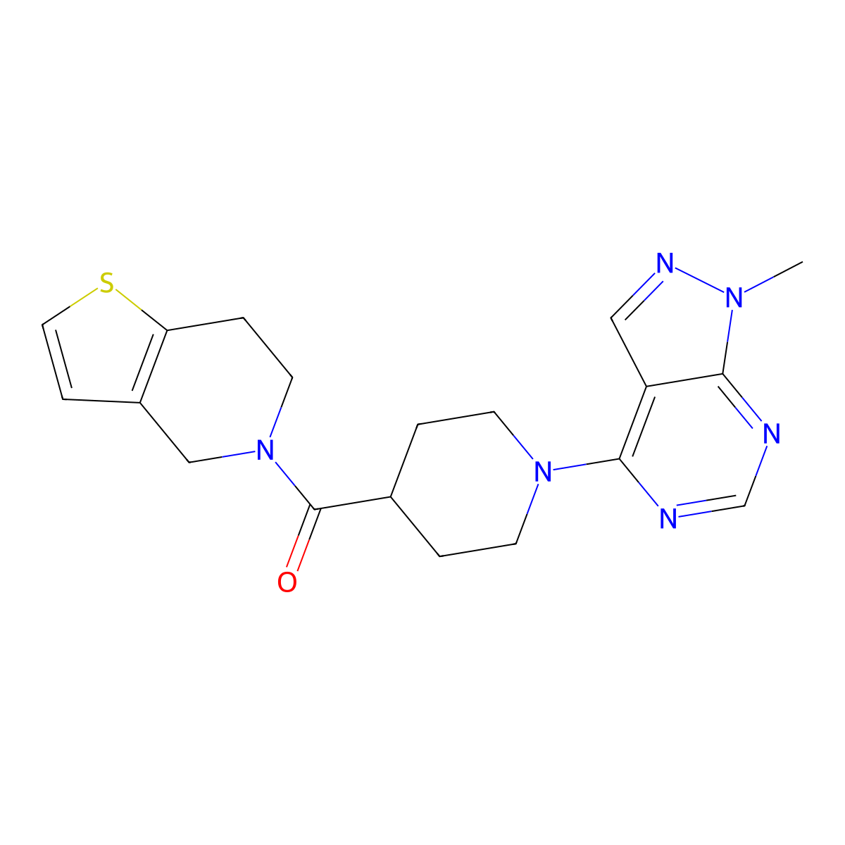1-{1-methyl-1H-pyrazolo[3,4-d]pyrimidin-4-yl}-4-{4H,5H,6H,7H-thieno[3,2-c]pyridine-5-carbonyl}piperidine molecular structure, CAS 3054610-83-9