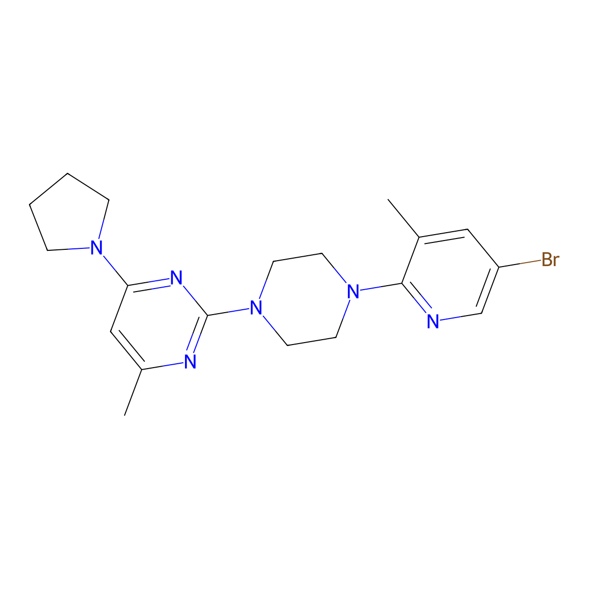 2-[4-(5-Bromo-3-methylpyridin-2-yl)piperazin-1-yl]-4-methyl-6-(pyrrolidin-1-yl)pyrimidine molecular structure, CAS 3054610-91-9
