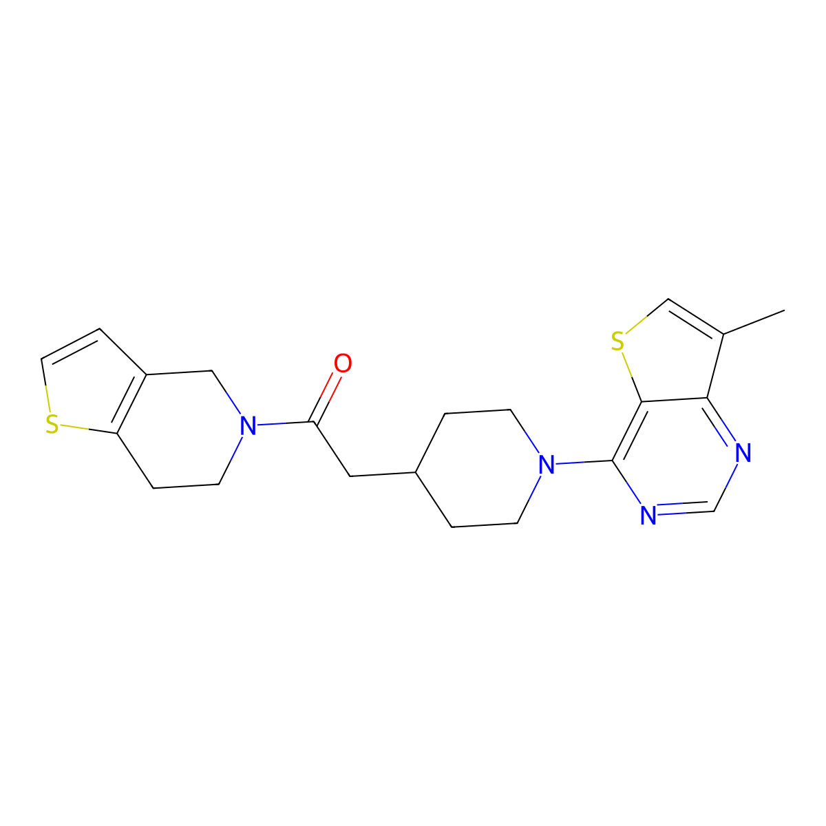 2-(1-{7-methylthieno[3,2-d]pyrimidin-4-yl}piperidin-4-yl)-1-{4H,5H,6H,7H-thieno[3,2-c]pyridin-5-yl}ethan-1-one molecular structure, CAS 3054611-02-5