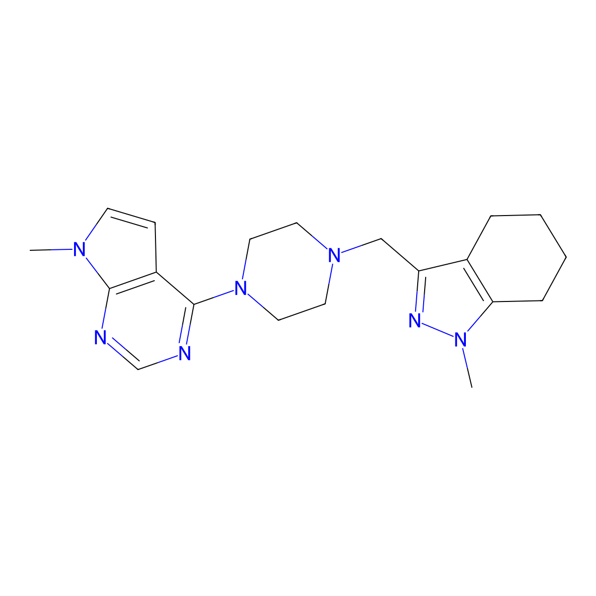 1-methyl-3-[(4-{7-methyl-7H-pyrrolo[2,3-d]pyrimidin-4-yl}piperazin-1-yl)methyl]-4,5,6,7-tetrahydro-1H-indazole molecular structure, CAS 3054611-04-7