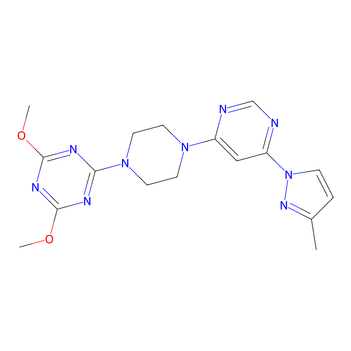 2,4-dimethoxy-6-{4-[6-(3-methyl-1H-pyrazol-1-yl)pyrimidin-4-yl]piperazin-1-yl}-1,3,5-triazine molecular structure, CAS 3054611-15-0