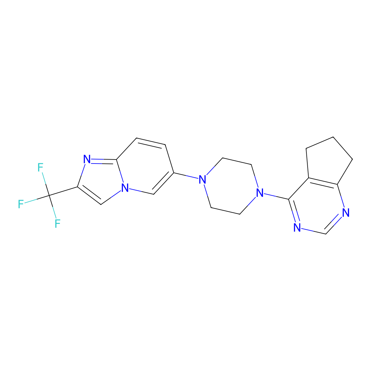 1-{5H,6H,7H-cyclopenta[d]pyrimidin-4-yl}-4-[2-(trifluoromethyl)imidazo[1,2-a]pyridin-6-yl]piperazine molecular structure, CAS 3054611-24-1
