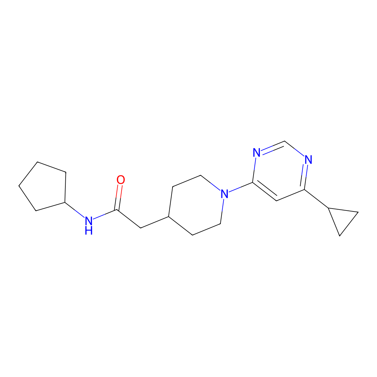 N-cyclopentyl-2-[1-(6-cyclopropylpyrimidin-4-yl)piperidin-4-yl]acetamide molecular structure, CAS 3054611-25-2