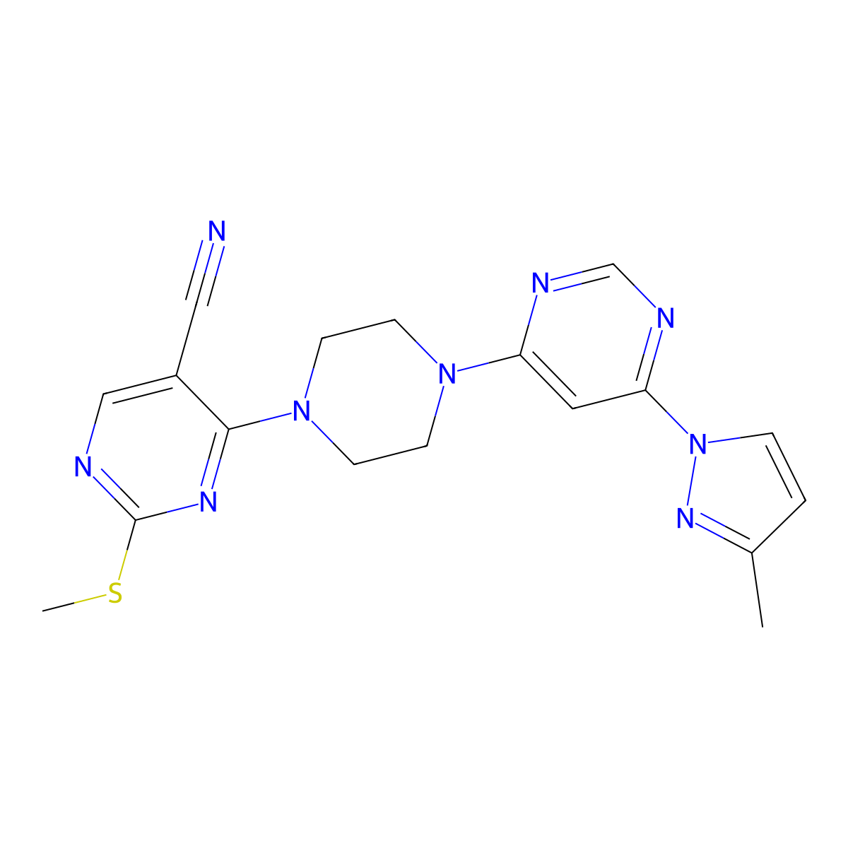 4-{4-[6-(3-methyl-1H-pyrazol-1-yl)pyrimidin-4-yl]piperazin-1-yl}-2-(methylsulfanyl)pyrimidine-5-carbonitrile molecular structure, CAS 3054611-29-6