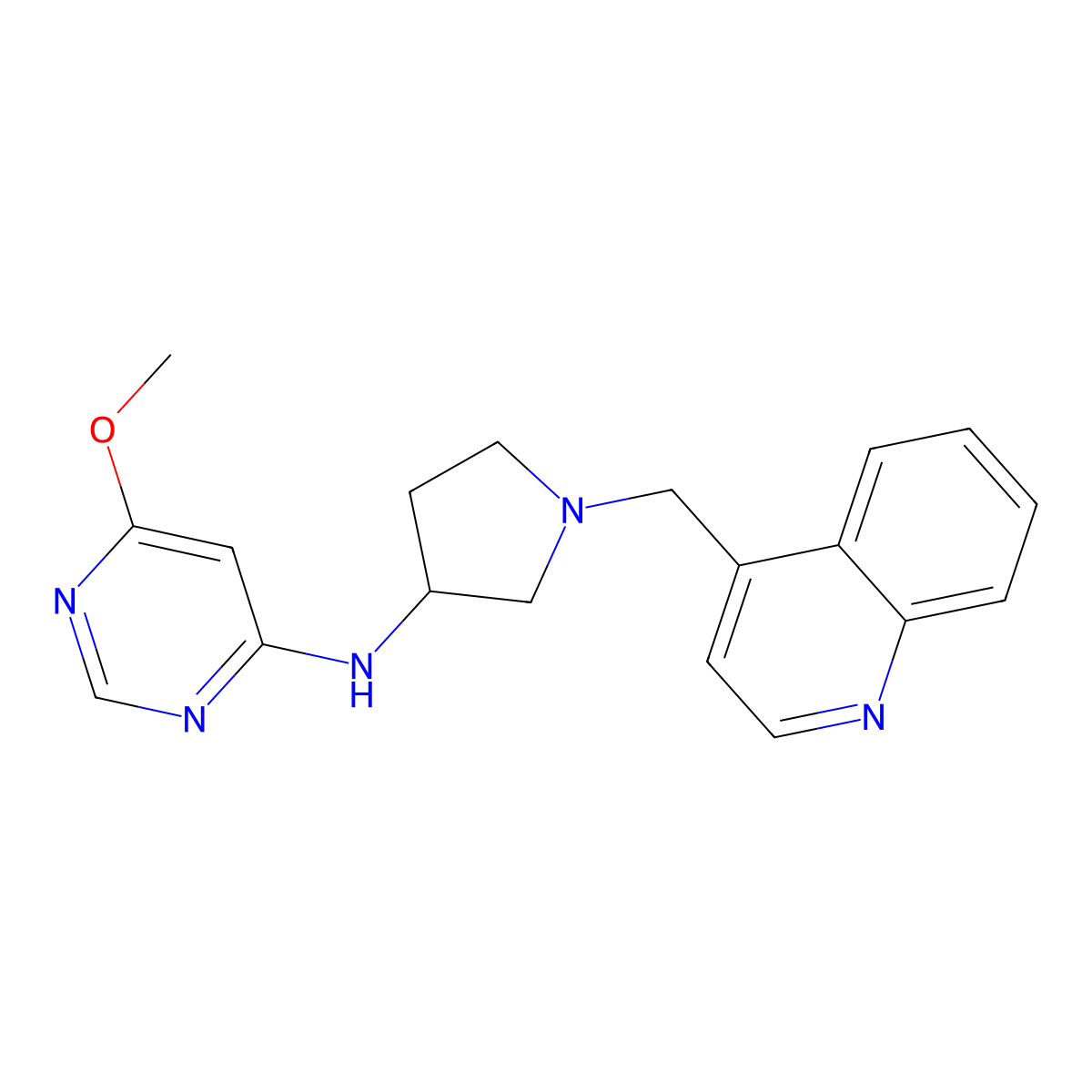 6-methoxy-N-{1-[(quinolin-4-yl)methyl]pyrrolidin-3-yl}pyrimidin-4-amine molecular structure, CAS 3054611-32-1