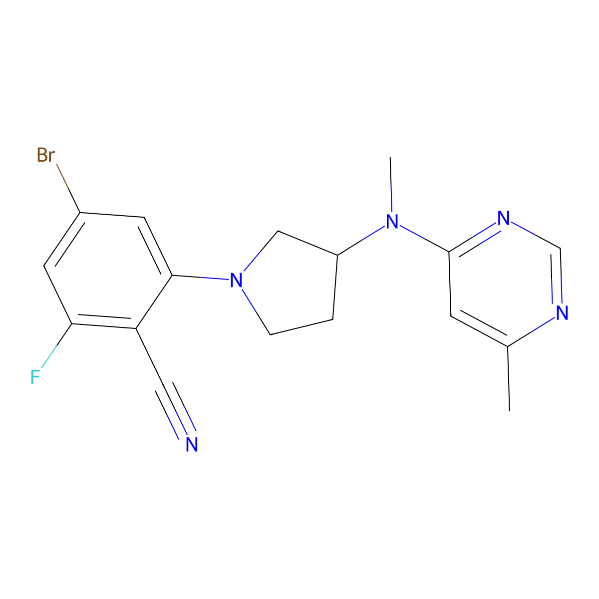4-Bromo-2-fluoro-6-{3-[methyl(6-methylpyrimidin-4-yl)amino]pyrrolidin-1-yl}benzonitrile molecular structure, CAS 3054611-35-4