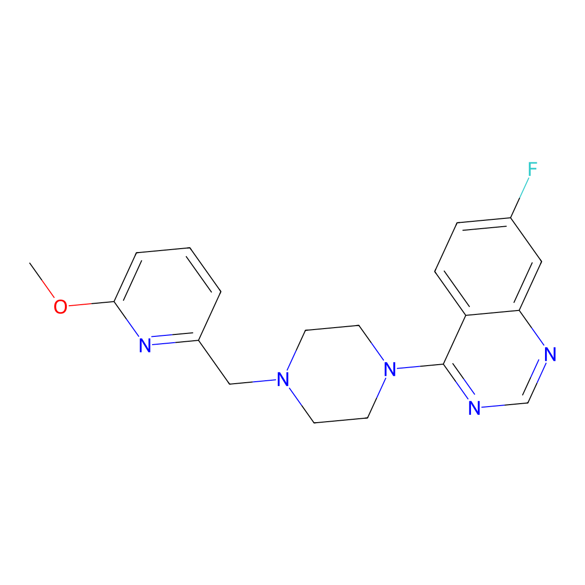 7-Fluoro-4-{4-[(6-methoxypyridin-2-yl)methyl]piperazin-1-yl}quinazoline molecular structure, CAS 3054611-41-2