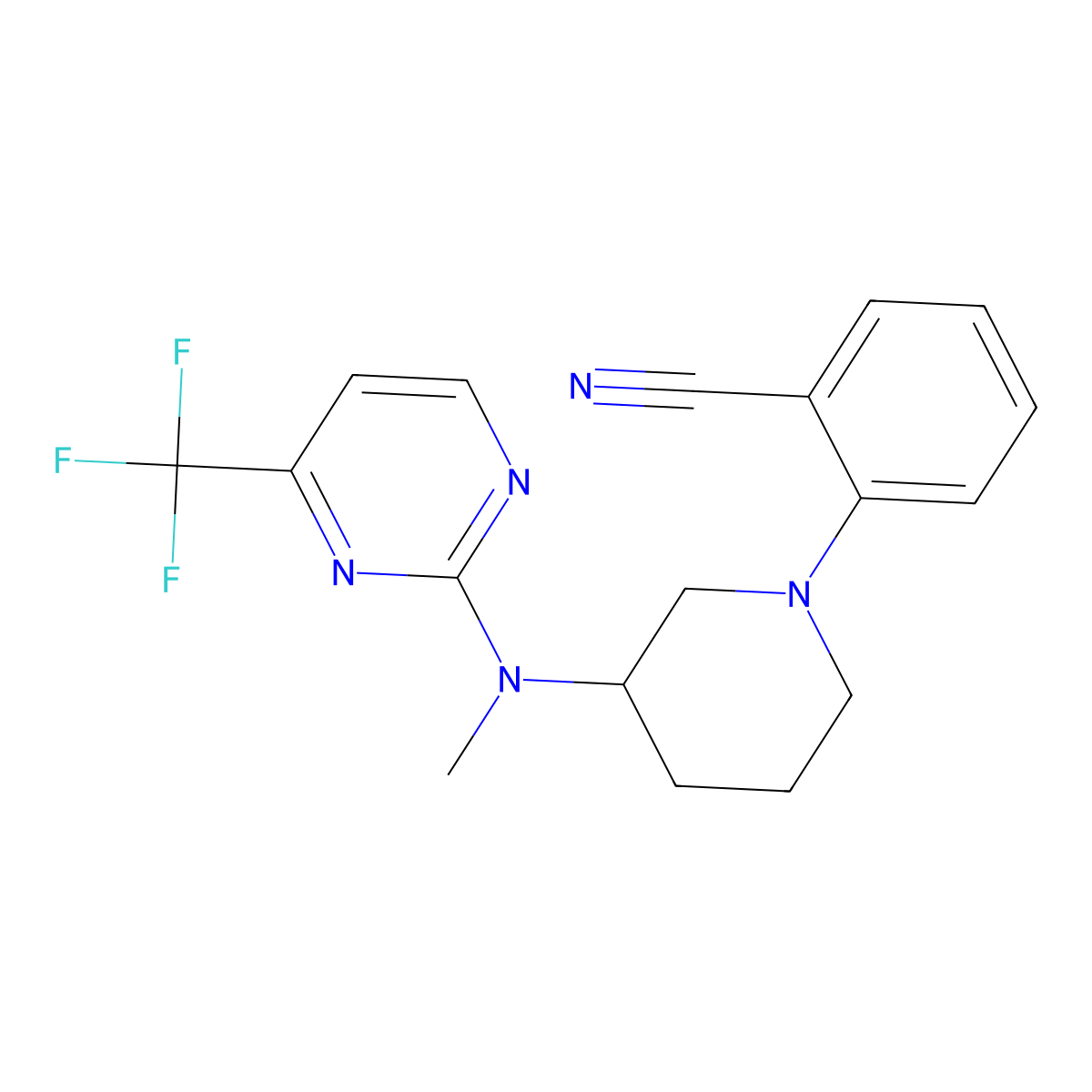 2-(3-{Methyl[4-(trifluoromethyl)pyrimidin-2-yl]amino}piperidin-1-yl)benzonitrile molecular structure, CAS 3054611-49-0