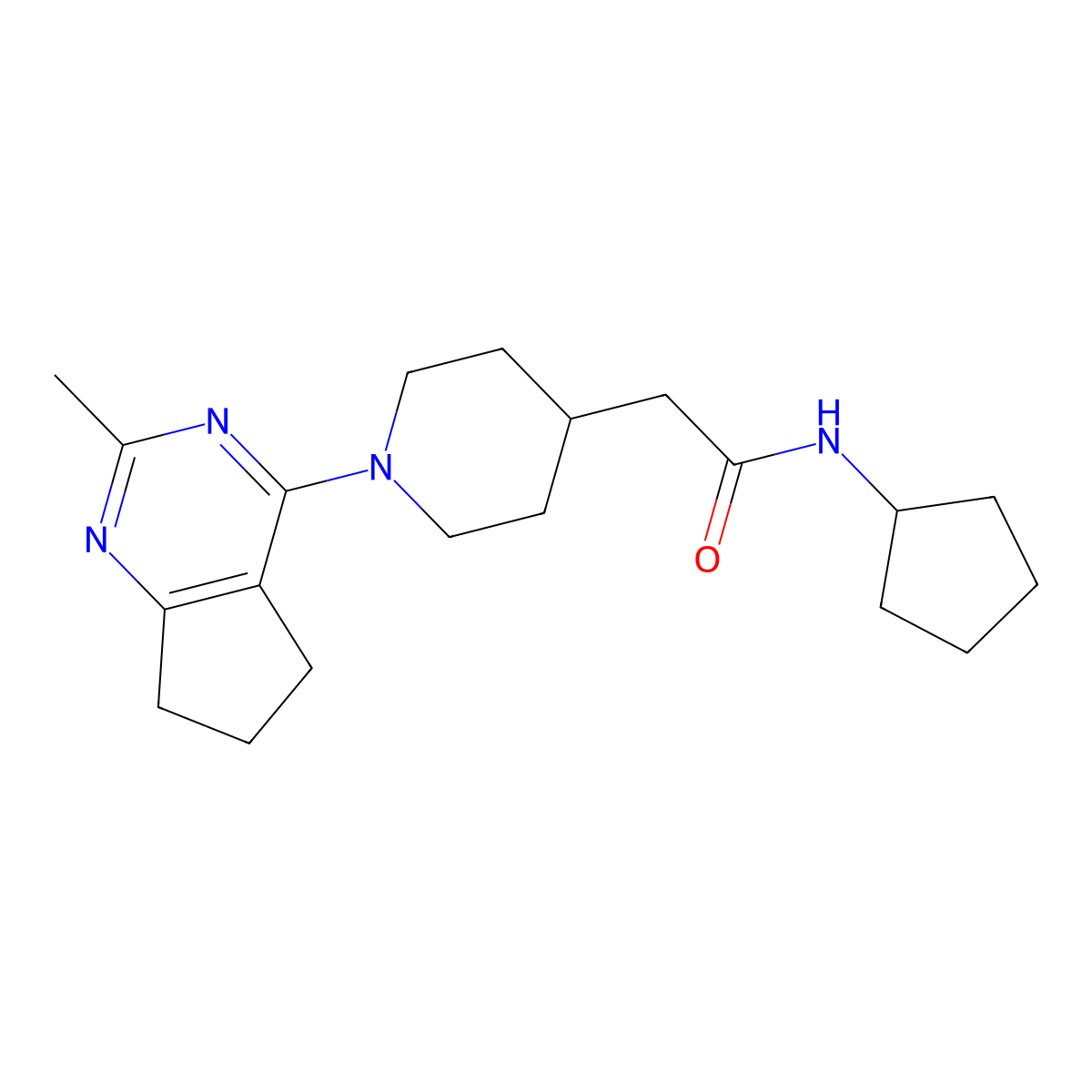 N-cyclopentyl-2-(1-{2-methyl-5H,6H,7H-cyclopenta[d]pyrimidin-4-yl}piperidin-4-yl)acetamide molecular structure, CAS 3054611-53-6