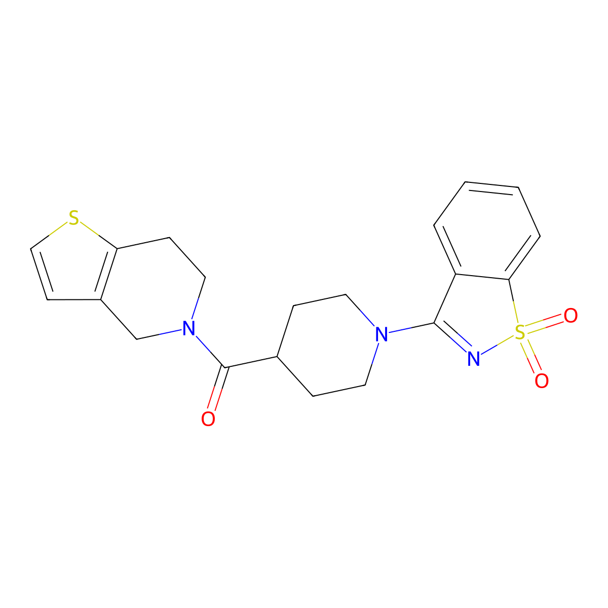 3-(4-{4H,5H,6H,7H-thieno[3,2-c]pyridine-5-carbonyl}piperidin-1-yl)-1lambda,2-benzothiazole-1,1-dione molecular structure, CAS 3054611-61-6