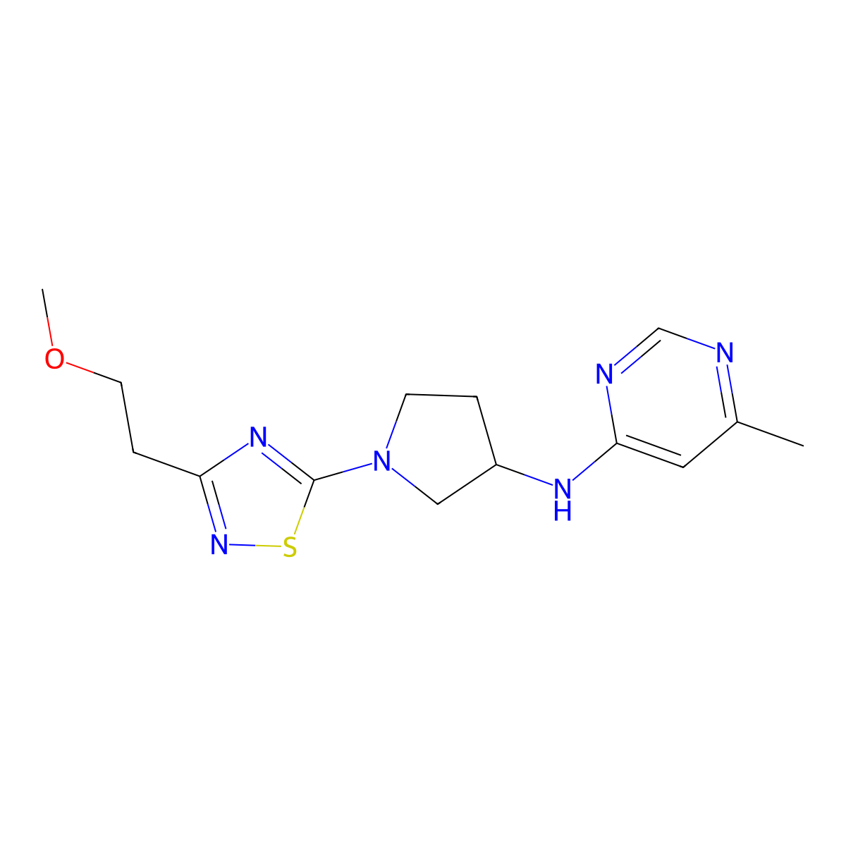 N-{1-[3-(2-methoxyethyl)-1,2,4-thiadiazol-5-yl]pyrrolidin-3-yl}-6-methylpyrimidin-4-amine molecular structure, CAS 3054611-76-3