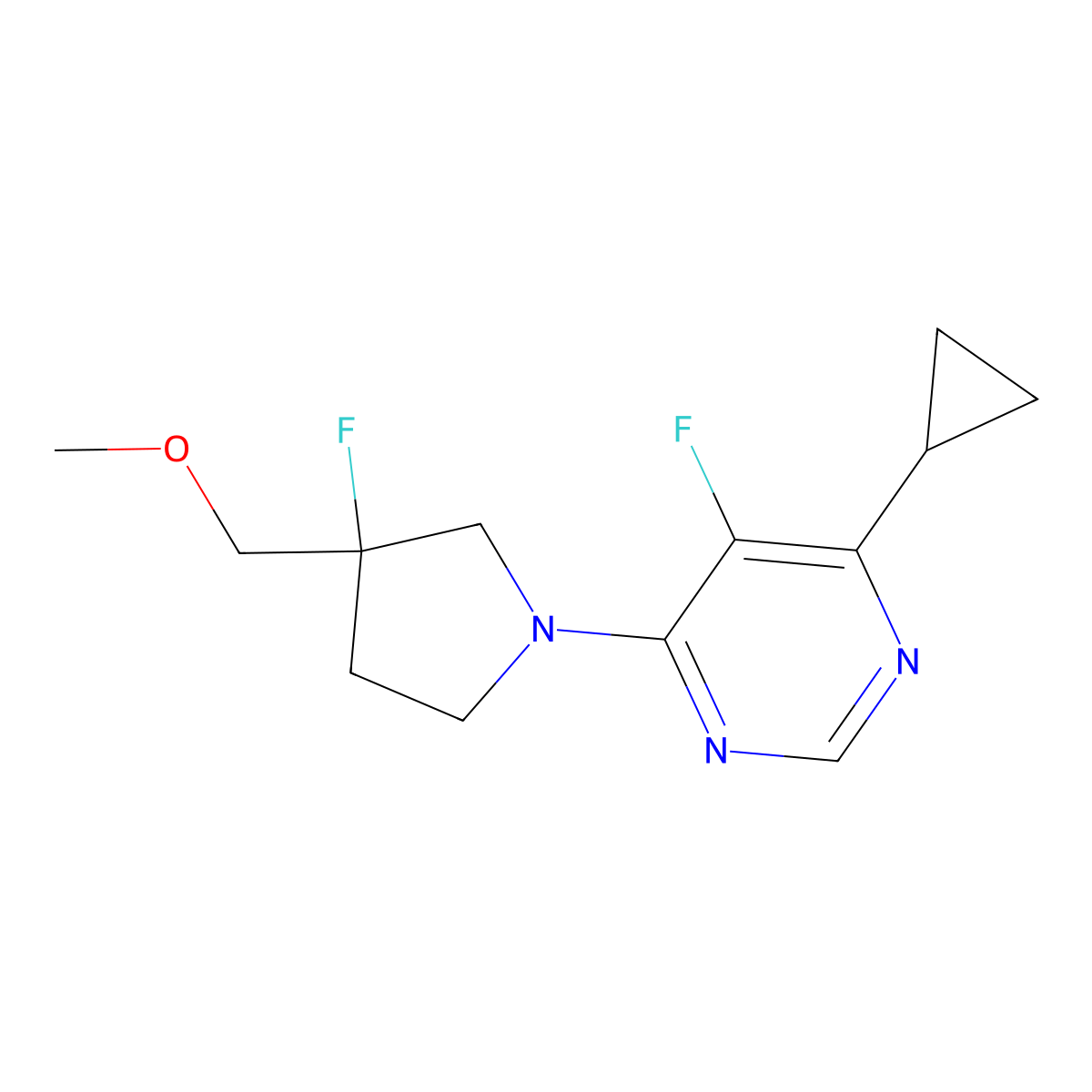 4-Cyclopropyl-5-fluoro-6-[3-fluoro-3-(methoxymethyl)pyrrolidin-1-yl]pyrimidine molecular structure, CAS 3054611-86-5