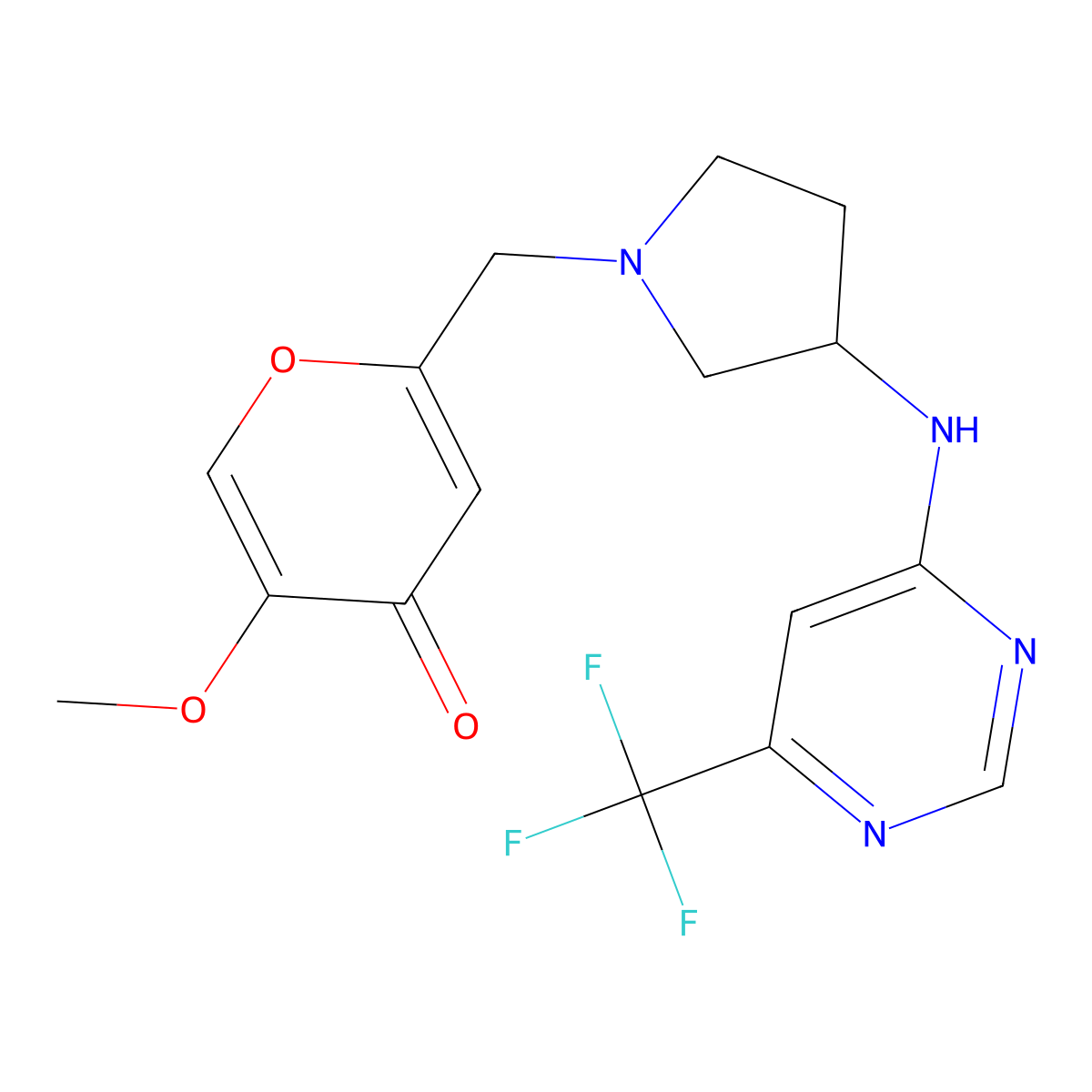 5-methoxy-2-[(3-{[6-(trifluoromethyl)pyrimidin-4-yl]amino}pyrrolidin-1-yl)methyl]-4H-pyran-4-one molecular structure, CAS 3054611-88-7