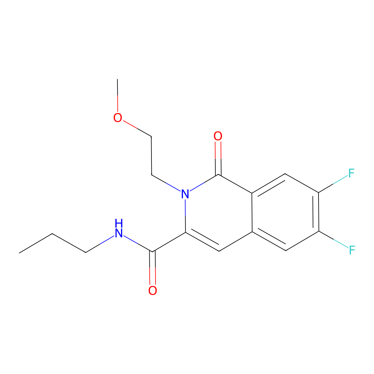 6,7-difluoro-2-(2-methoxyethyl)-1-oxo-N-propyl-1,2-dihydroisoquinoline-3-carboxamide molecular structure, CAS 3054611-96-7