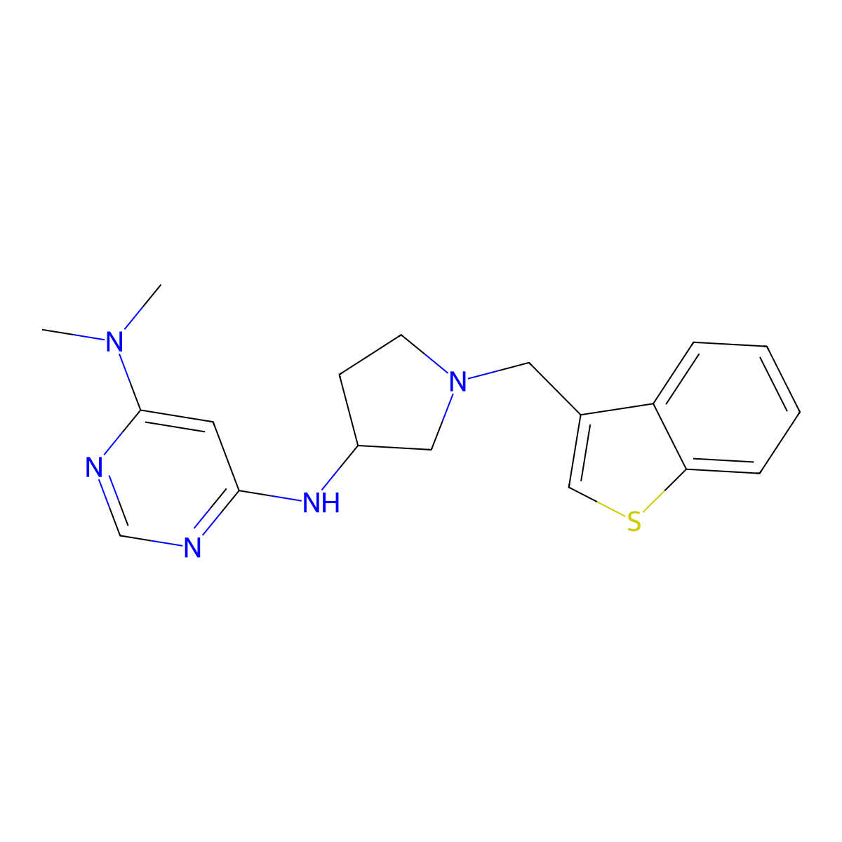 N6-{1-[(1-benzothiophen-3-yl)methyl]pyrrolidin-3-yl}-N4,N4-dimethylpyrimidine-4,6-diamine molecular structure, CAS 3054611-98-9