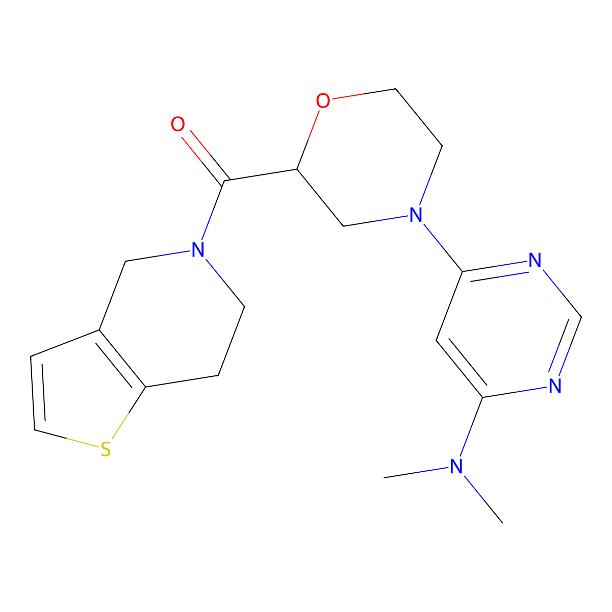 N,N-dimethyl-6-(2-{4H,5H,6H,7H-thieno[3,2-c]pyridine-5-carbonyl}morpholin-4-yl)pyrimidin-4-amine molecular structure, CAS 3054612-03-9