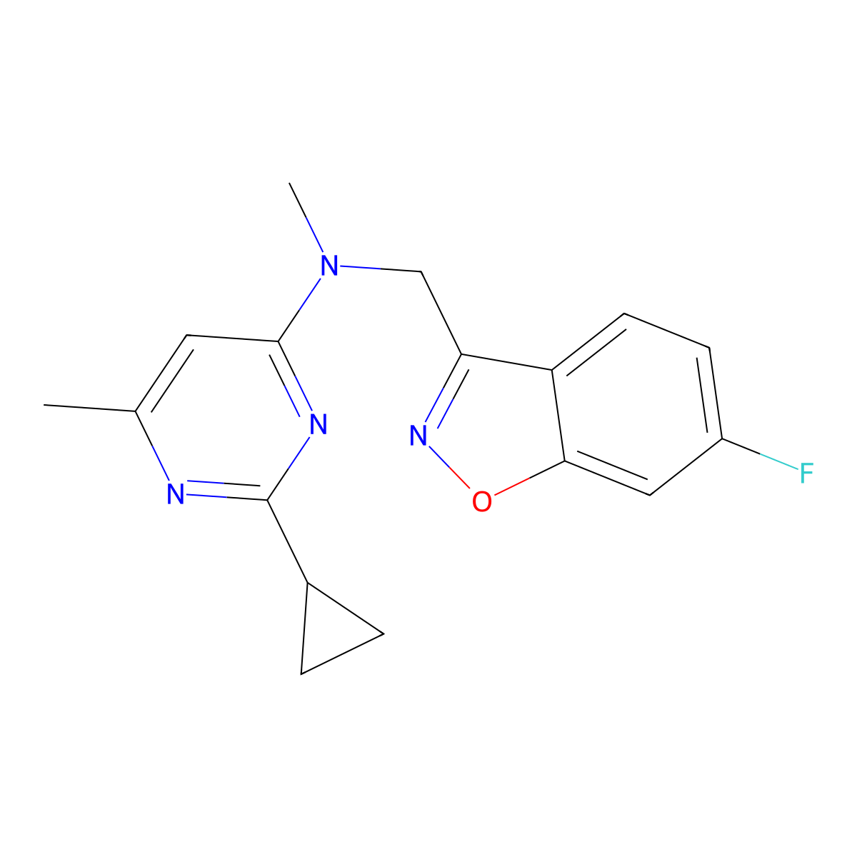 2-cyclopropyl-N-[(6-fluoro-1,2-benzoxazol-3-yl)methyl]-N,6-dimethylpyrimidin-4-amine molecular structure, CAS 3054612-04-0
