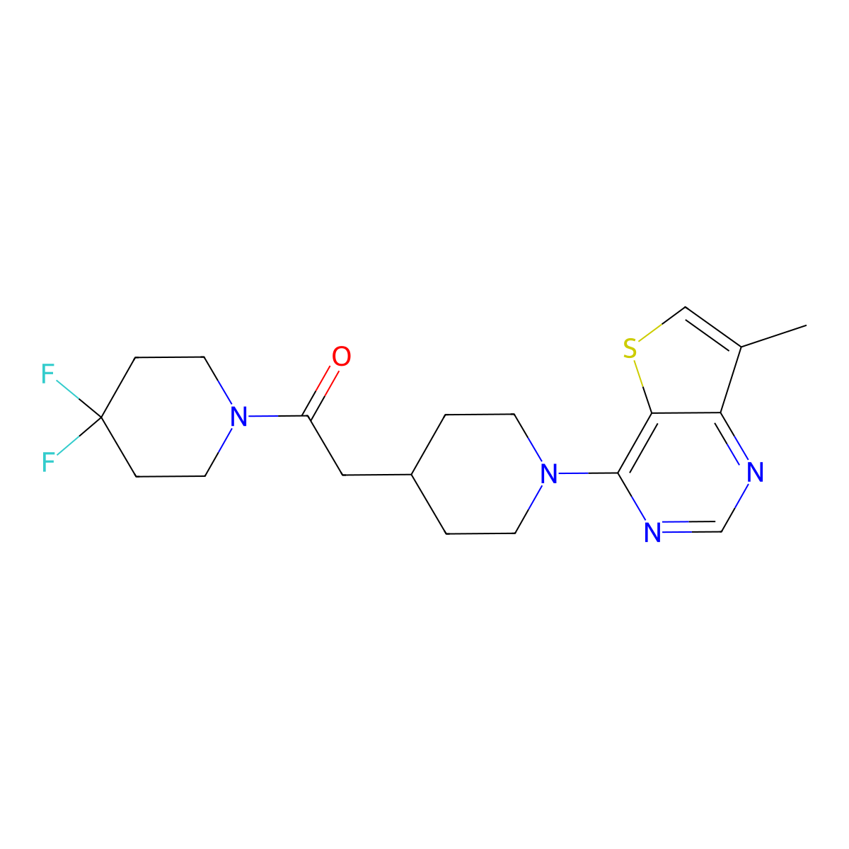1-(4,4-Difluoropiperidin-1-yl)-2-(1-{7-methylthieno[3,2-d]pyrimidin-4-yl}piperidin-4-yl)ethan-1-one molecular structure, CAS 3054612-18-6