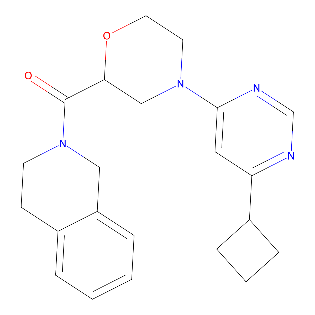 2-[4-(6-Cyclobutylpyrimidin-4-yl)morpholine-2-carbonyl]-1,2,3,4-tetrahydroisoquinoline molecular structure, CAS 3054612-20-0