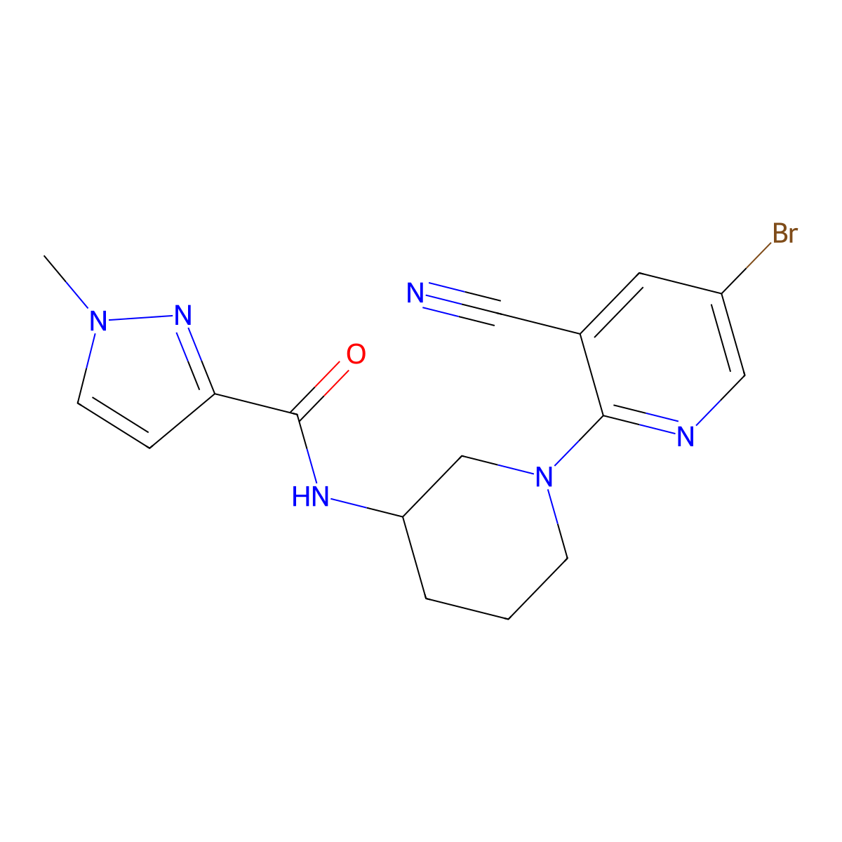N-[1-(5-bromo-3-cyanopyridin-2-yl)piperidin-3-yl]-1-methyl-1H-pyrazole-3-carboxamide molecular structure, CAS 3054612-22-2