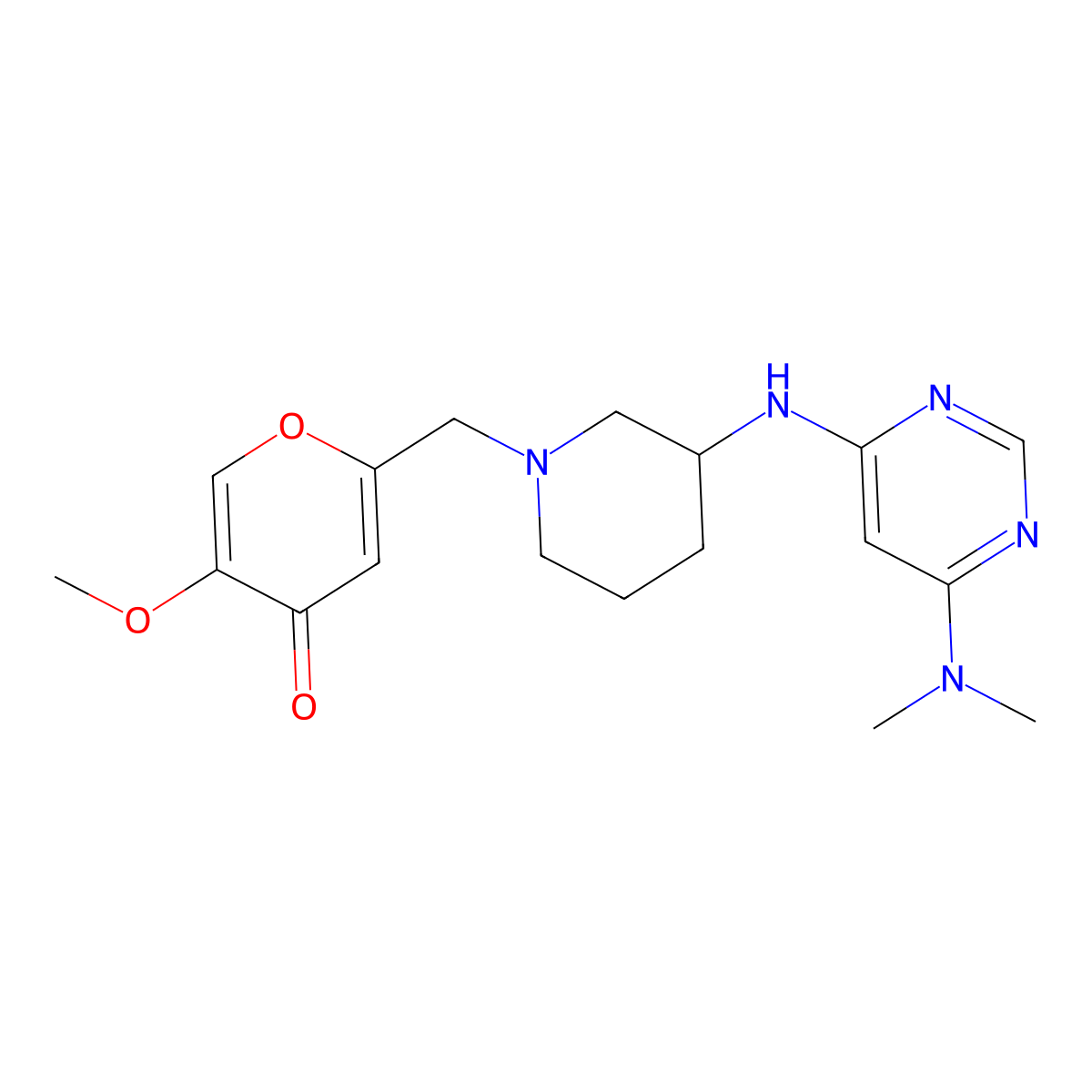 2-[(3-{[6-(dimethylamino)pyrimidin-4-yl]amino}piperidin-1-yl)methyl]-5-methoxy-4H-pyran-4-one molecular structure, CAS 3054612-28-8
