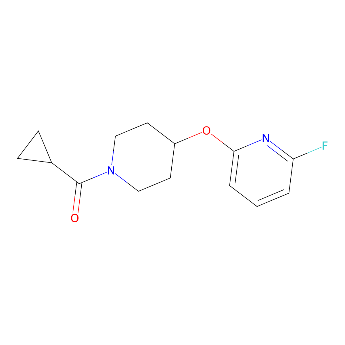 2-[(1-Cyclopropanecarbonylpiperidin-4-yl)oxy]-6-fluoropyridine molecular structure, CAS 3054612-31-3