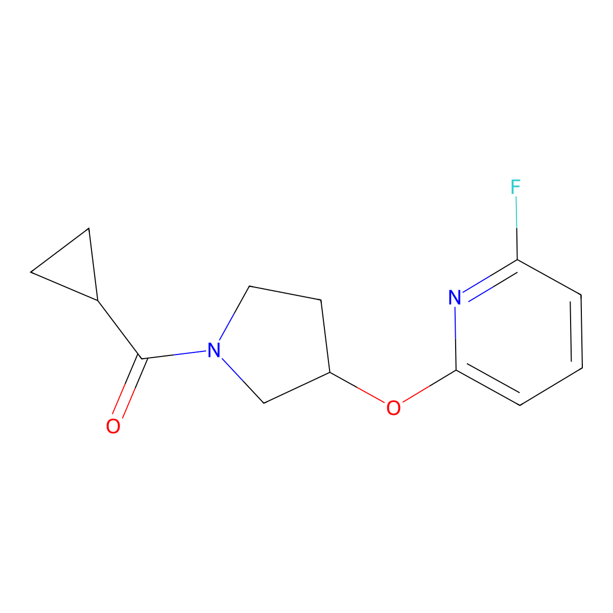 2-[(1-Cyclopropanecarbonylpyrrolidin-3-yl)oxy]-6-fluoropyridine molecular structure, CAS 3054612-38-0
