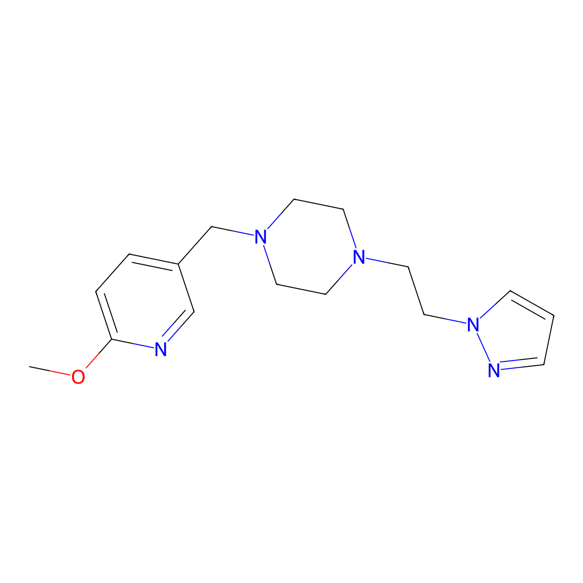 1-[(6-methoxypyridin-3-yl)methyl]-4-[2-(1H-pyrazol-1-yl)ethyl]piperazine molecular structure, CAS 3054612-39-1