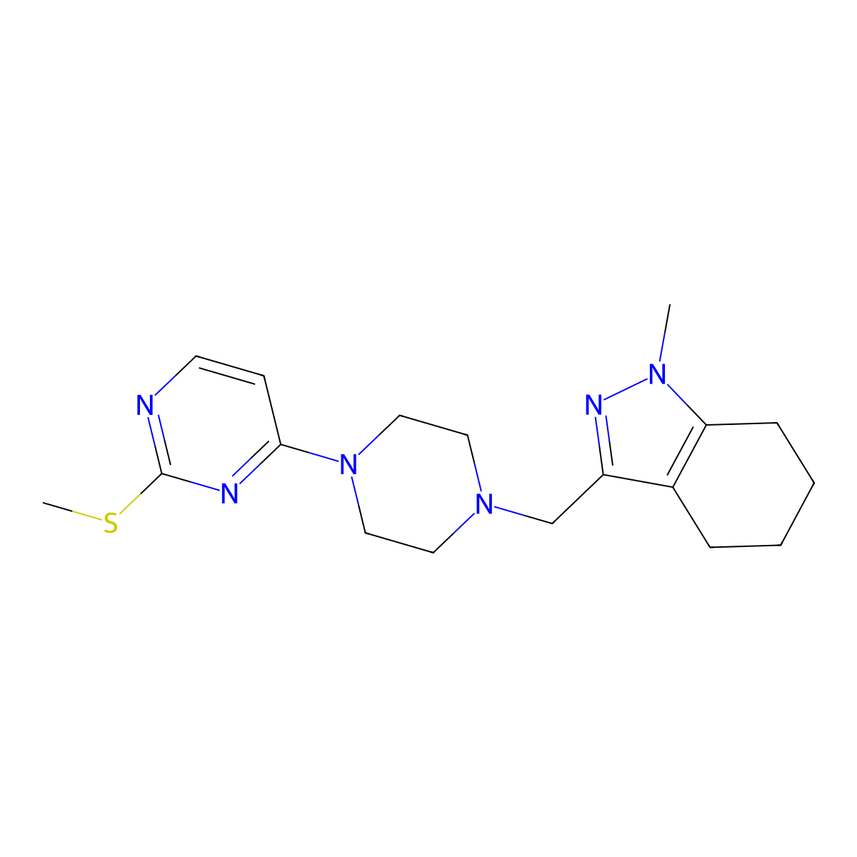 1-methyl-3-({4-[2-(methylsulfanyl)pyrimidin-4-yl]piperazin-1-yl}methyl)-4,5,6,7-tetrahydro-1H-indazole molecular structure, CAS 3054612-49-3