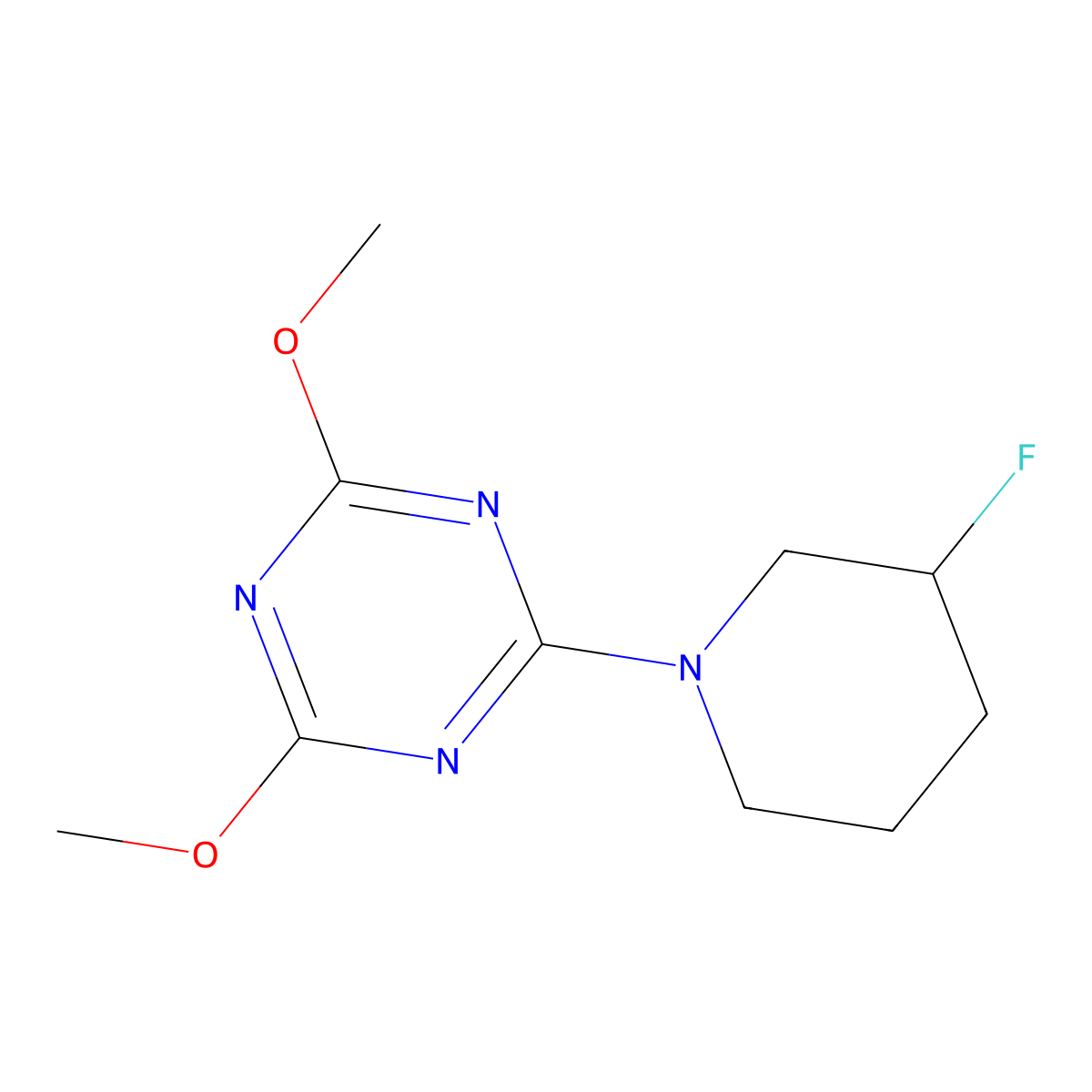 2-(3-Fluoropiperidin-1-yl)-4,6-dimethoxy-1,3,5-triazine molecular structure, CAS 3054612-71-1