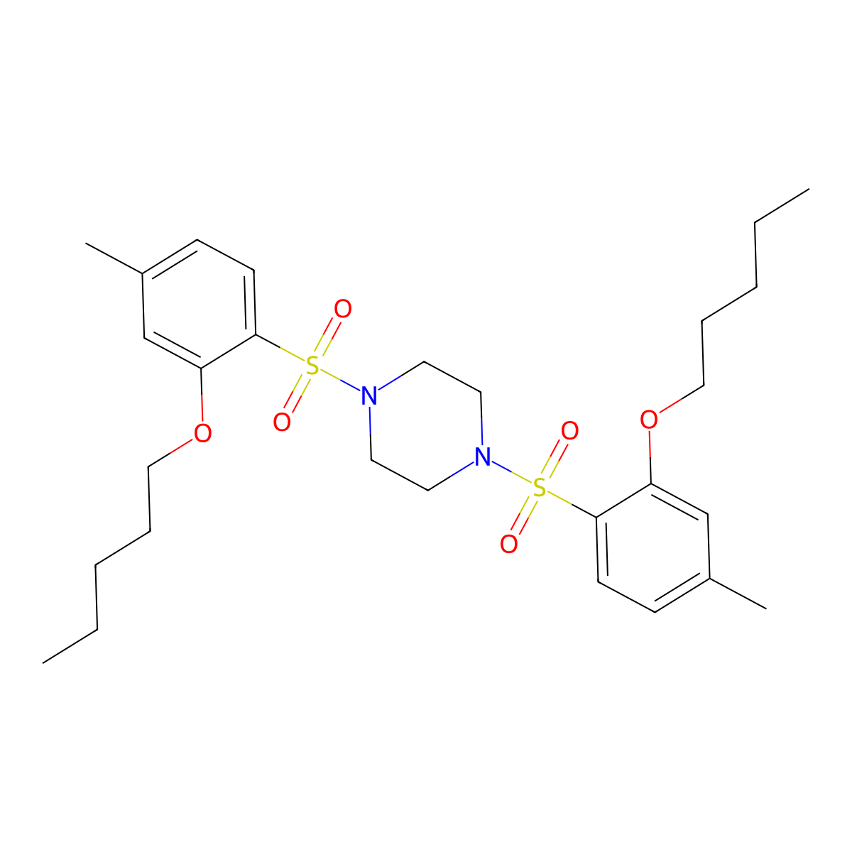 1,4-Bis[4-methyl-2-(pentyloxy)benzenesulfonyl]piperazine molecular structure, CAS 3054612-75-5