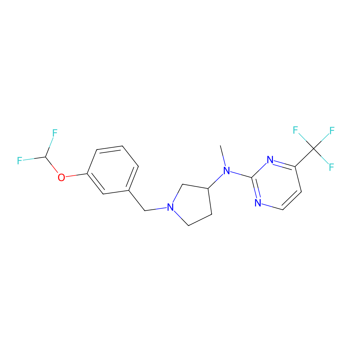 N-(1-{[3-(difluoromethoxy)phenyl]methyl}pyrrolidin-3-yl)-N-methyl-4-(trifluoromethyl)pyrimidin-2-amine molecular structure, CAS 3054612-87-9