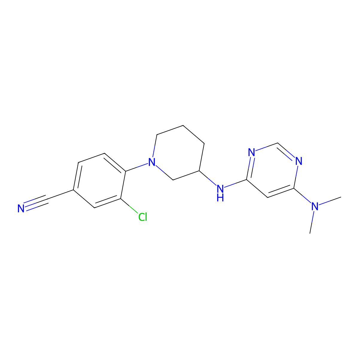 3-Chloro-4-(3-{[6-(dimethylamino)pyrimidin-4-yl]amino}piperidin-1-yl)benzonitrile molecular structure, CAS 3054612-90-4