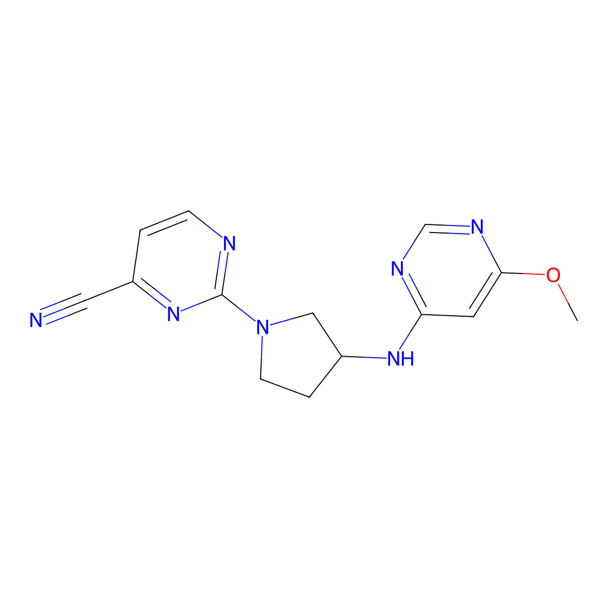 2-{3-[(6-Methoxypyrimidin-4-yl)amino]pyrrolidin-1-yl}pyrimidine-4-carbonitrile molecular structure, CAS 3054612-95-9