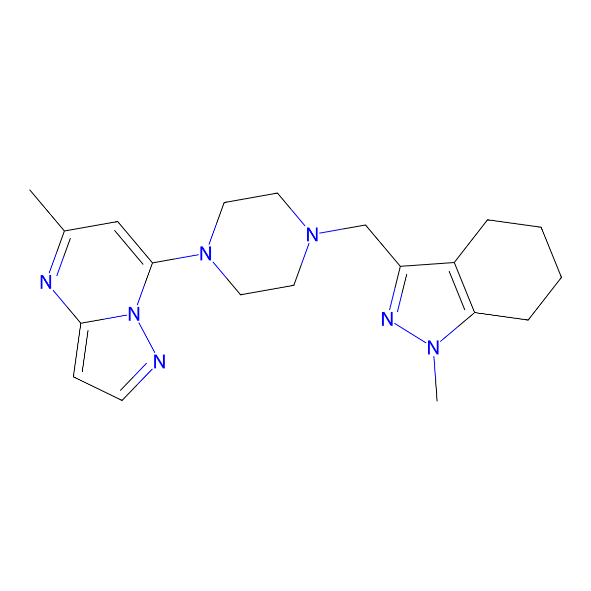 1-methyl-3-[(4-{5-methylpyrazolo[1,5-a]pyrimidin-7-yl}piperazin-1-yl)methyl]-4,5,6,7-tetrahydro-1H-indazole molecular structure, CAS 3054612-99-3