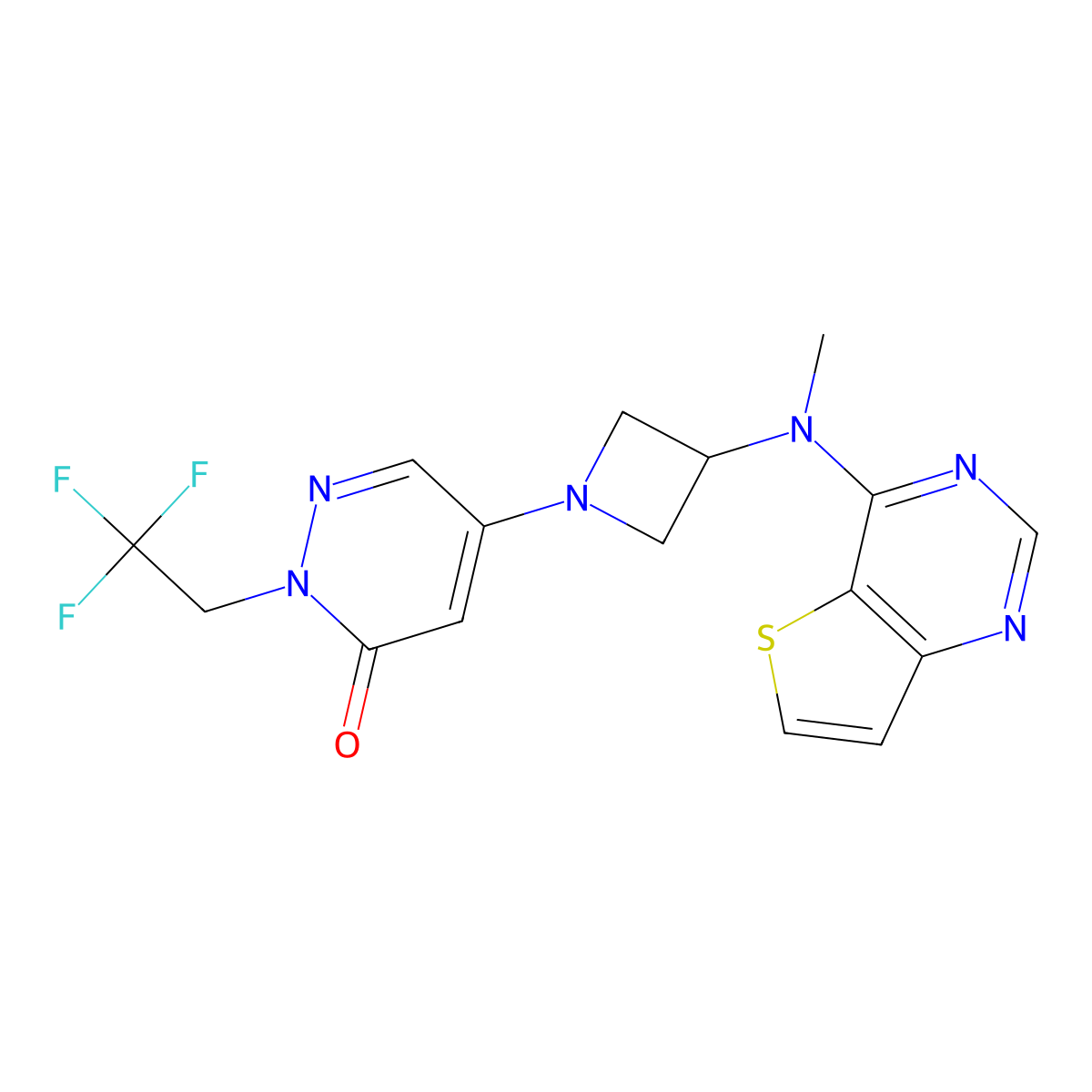 5-{3-[Methyl({thieno[3,2-d]pyrimidin-4-yl})amino]azetidin-1-yl}-2-(2,2,2-trifluoroethyl)-2,3-dihydropyridazin-3-one molecular structure, CAS 3054613-02-1