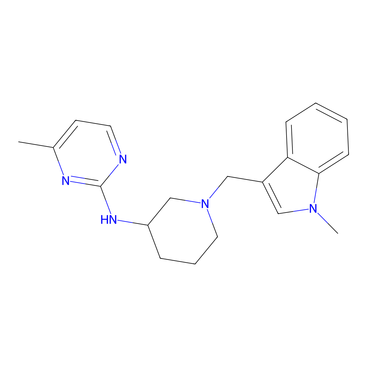 4-methyl-N-{1-[(1-methyl-1H-indol-3-yl)methyl]piperidin-3-yl}pyrimidin-2-amine molecular structure, CAS 3054613-03-2