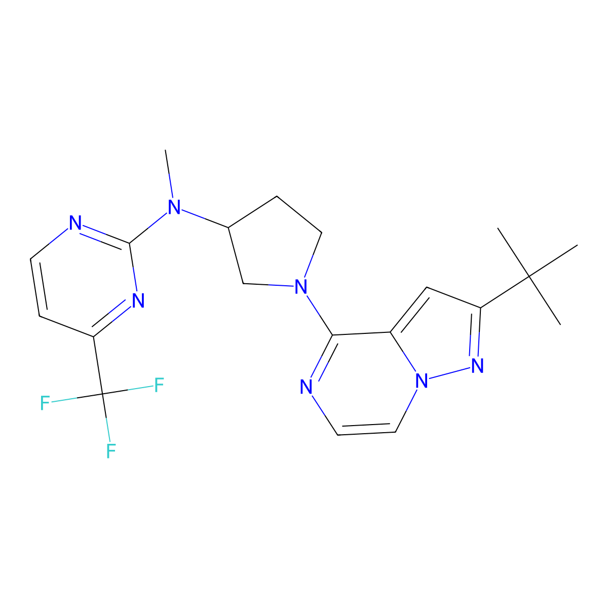 N-(1-{2-tert-butylpyrazolo[1,5-a]pyrazin-4-yl}pyrrolidin-3-yl)-N-methyl-4-(trifluoromethyl)pyrimidin-2-amine molecular structure, CAS 3054613-05-4