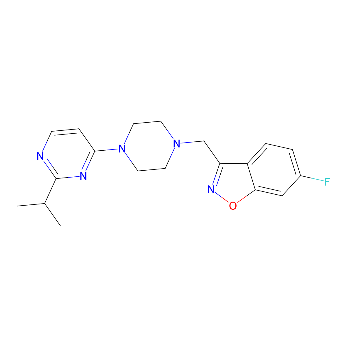 6-Fluoro-3-({4-[2-(propan-2-yl)pyrimidin-4-yl]piperazin-1-yl}methyl)-1,2-benzoxazole molecular structure, CAS 3054613-20-3