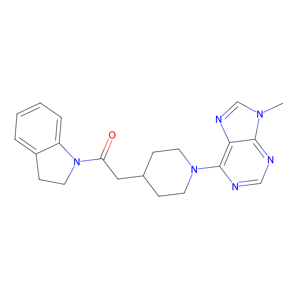 1-(2,3-dihydro-1H-indol-1-yl)-2-[1-(9-methyl-9H-purin-6-yl)piperidin-4-yl]ethan-1-one molecular structure, CAS 3054613-23-6